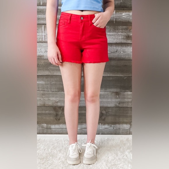 BOLD! judy blue mid rise red garment dyed fray hem cutoff shorts JB150242PL - Picture 3 of 7